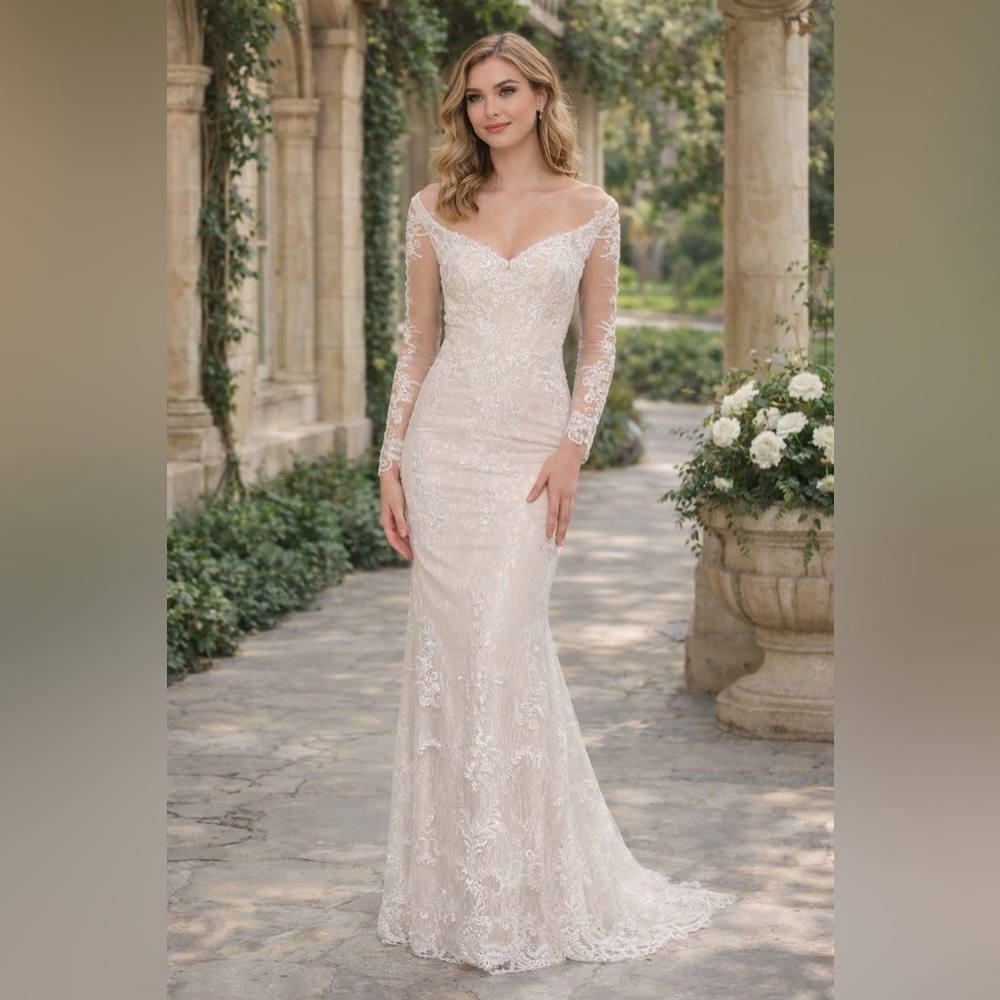 Dave & Johnny 10452 Ivory Lace Wedding Gown Size 6 Off Shoulder Bridal Dress